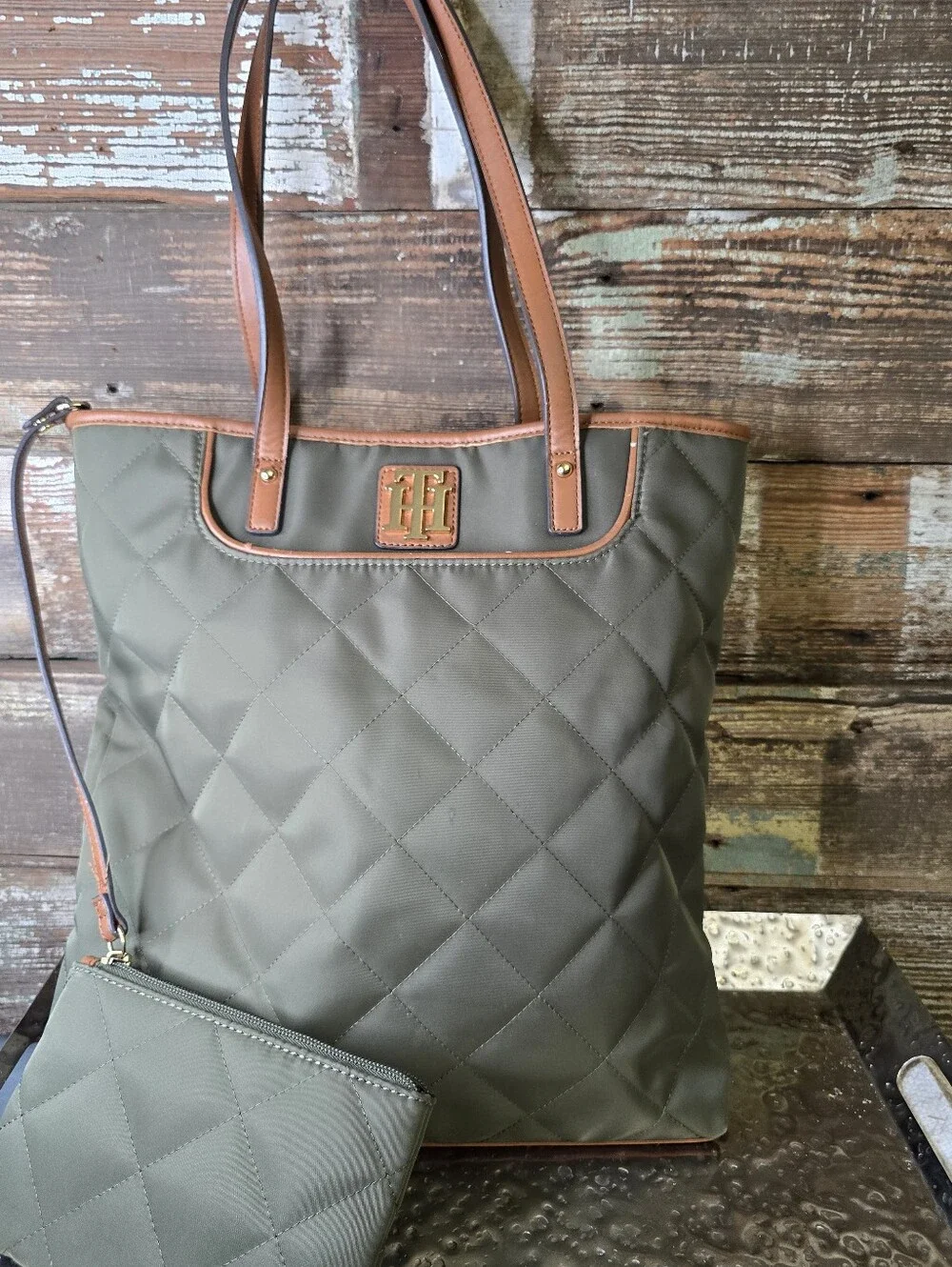 Tommy Hilfiger Olive Quilted Tote with Tan Trim and Matching Pouch, NWOT